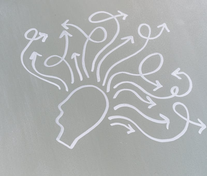 Chalk drawing of a head with swirling arrows represents mental activity and thought process.