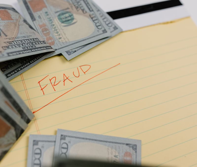 Close-up of US dollars and 'Fraud' written on yellow paper, representing financial scams.