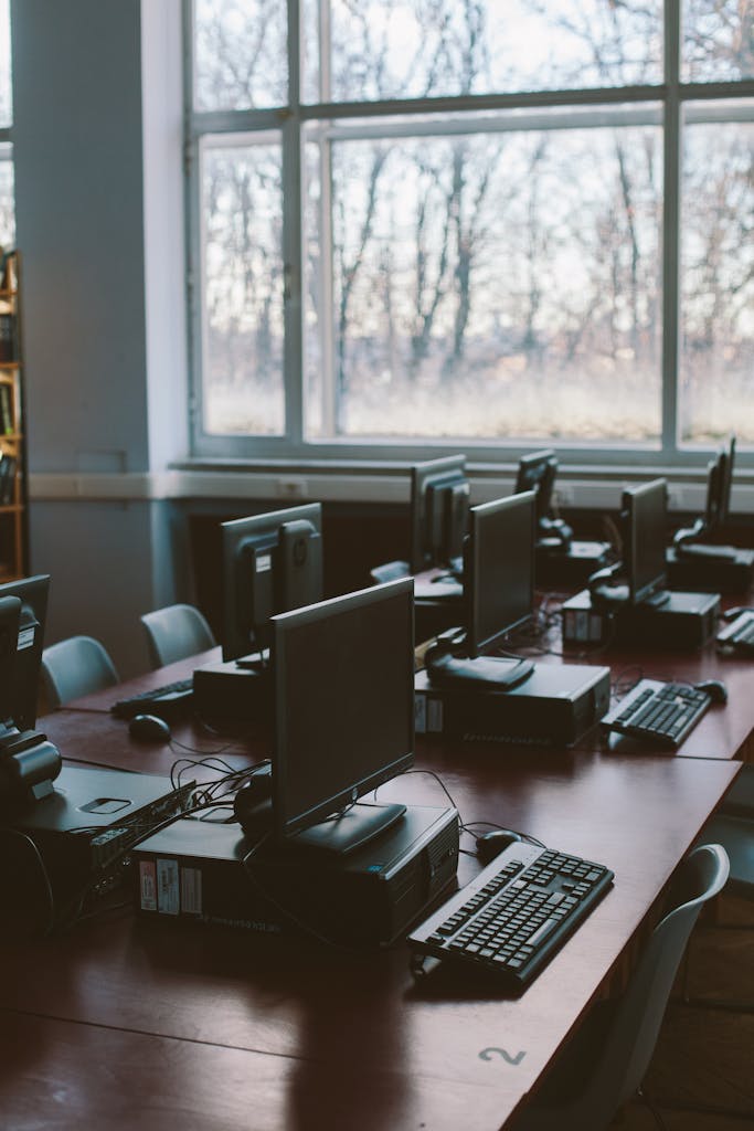 Spacious computer lab with rows of monitors and keyboards in a sunlit room.